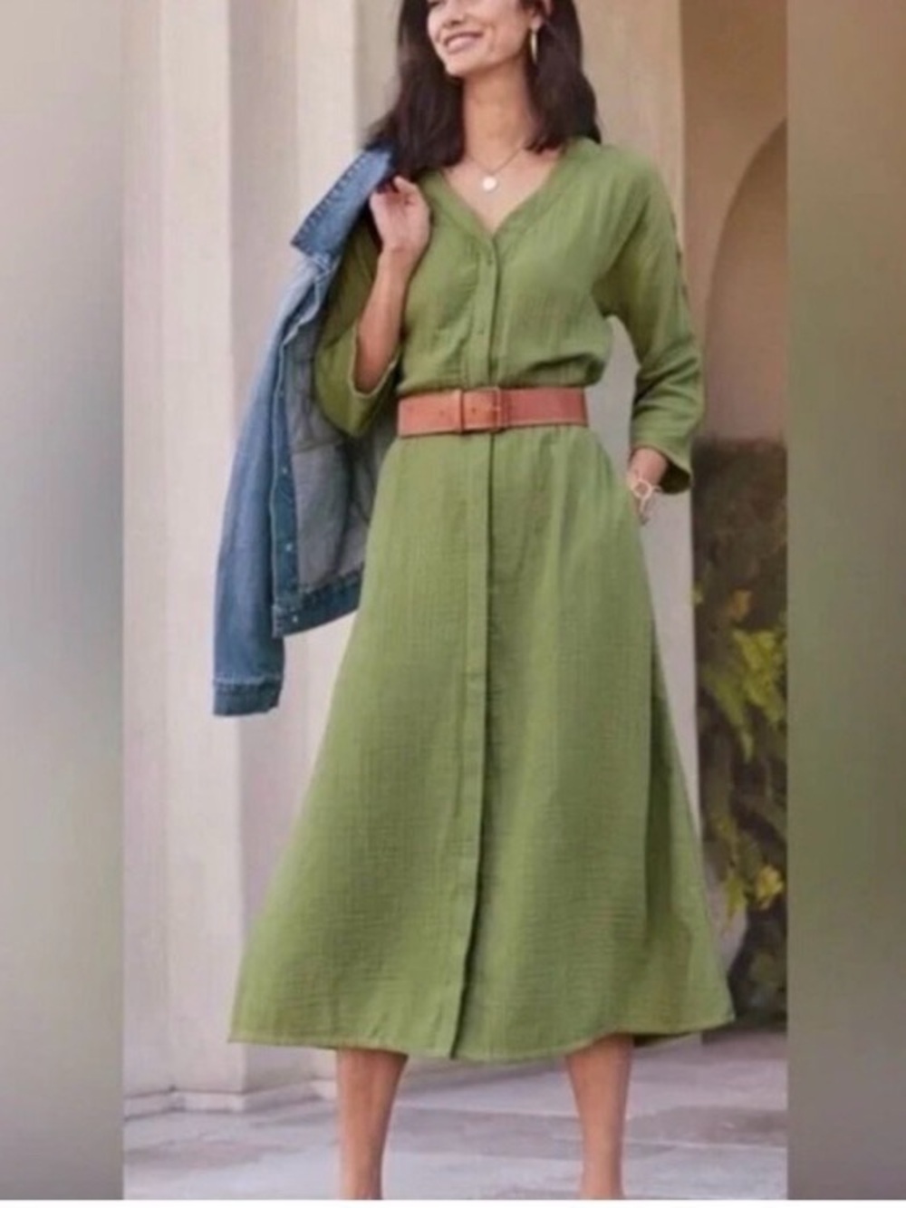 Soft Surroundings gauze cotton midi button down dress large green with pockets